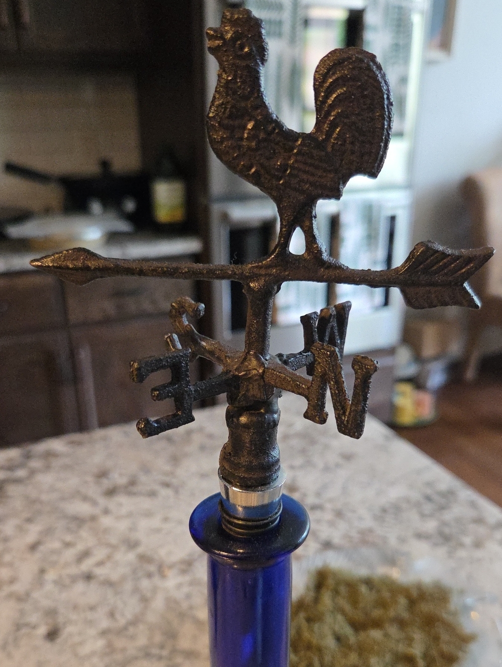 Vintage Style Metal Rooster Weathervane Bottle Stopper in Blue